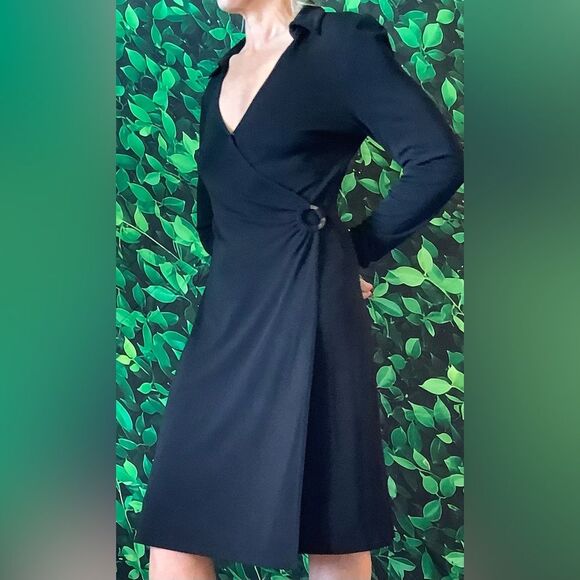 🖤 Talbots Black Faux Wrap Dress – V-Neck, Long Sleeve – Size 8 Petite - Picture 2 of 6